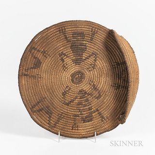 Southwest Coiled Pictorial Basketry Tray, Apache, c. 1900, flat tray with two complete frogs and three abbreviated frog motifs, with cu