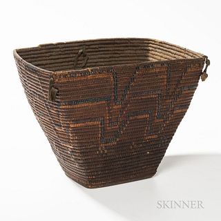 Northwest Coast Imbricated Storage Basket, Salish, late 19th century, cedar and spruce root, rectangular shape with three-color geometr