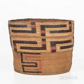 Tlingit Polychrome Twined Basket, c. 1900, large size, tightly woven of spruce root, with a banded fret design in orange, gold, and bla