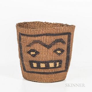 Tlingit Polychrome Pictorial Twined Basket, c. 1890s, tightly woven of spruce root, with an abstract face within a square on two sides,