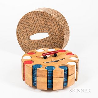 Poker Chip Set, housed in a laminated wooden holder with plastic handle and paper-clad cardboard cover.