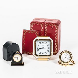 Cartier, Van Cleef, and Bulgari Desk Clocks, two-tone Cartier wristwatch-form clock with box and papers, Bulgari miniature black lacque