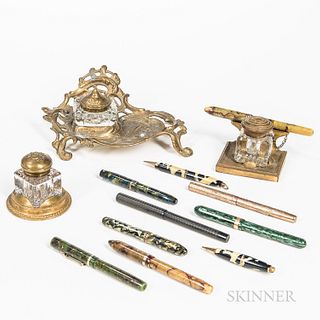Three Brass and Glass Inkwells and Ten Fountain Pens and Mechanical Pencils.