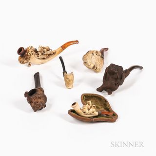 Six Pipes with Animal-form Bowls, including a sheep, dogs, and a carved bear.