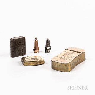 Group of Smoking-related Items, including two cigar notchers, a hinged brass box, a small covered brass box, and a book-form gutta perc