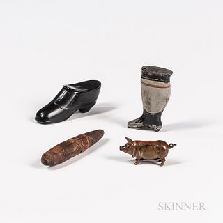 Group of Smoking-related Novelty Items, including a small cast metal cigar, a small pig match safe with striker, a boot-form match safe