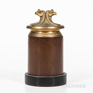 Brass-mounted Egyptian Revival Tobacco Jar, with hinged double eagle head lid, ht. 7 in.