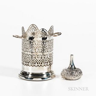 Tall Pierced Silverplate Wine Bottle Coaster and a Repousse Sterling Silver Funnel. funnel 2.45 troy oz.