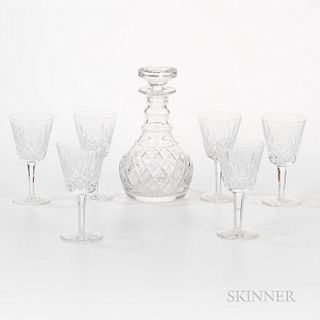 Set of Six Waterford Crystal Wines and an English Decanter with Stopper, the wines with faceted stems, wine ht. 5 3/4, decanter ht. 9 i