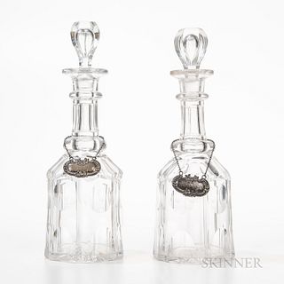 Pair of Colorless Glass Decanters, Two Sterling Silver Liquor Tags, and Silverplate Bar Tools.