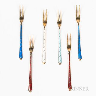 Set of Six Danish Sterling Silver Enamel-decorated Cocktail Forks.