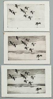 Frank Weston Benson (American, 1862-1951) Three Different States of Geese Drifting Down, 1929, proof B-6, proof F, and an impression of