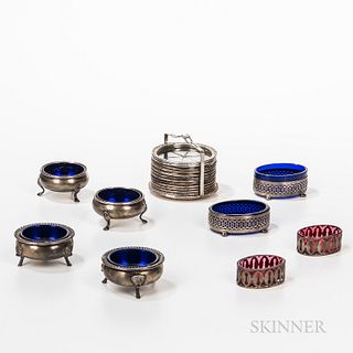 Group of Sterling Silver and Glass Table Items, including three varied pairs of sterling silver cobalt glass-lined salts, a pair of cra