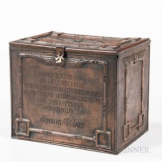 Copper Boxed Perpetual Calendar, c. 1920-30s, the box with hinged front opening to twelve drawers, each of which contains a month's wor