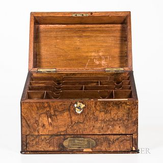 English Burl Veneer Letter Box with Drawer, mid-19th century, canted top opens to a divided interior, ht. 10 in.