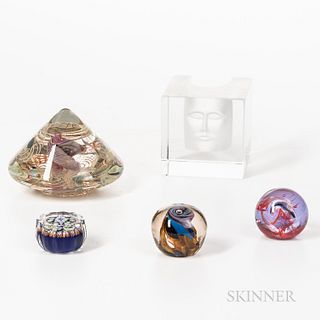 Five Art Glass Paperweights, including a large conical weight signed and dated "HS '89," three smaller ones, and a large cubic weight w