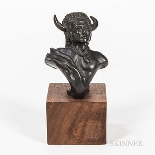 Small Bronze Figure of a Native American, wearing a horned headdress, with stylized monogram "SFB," lettered "Joy" and dated "1979," ht