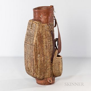 Wicker and Leather-mounted Golf Bag.