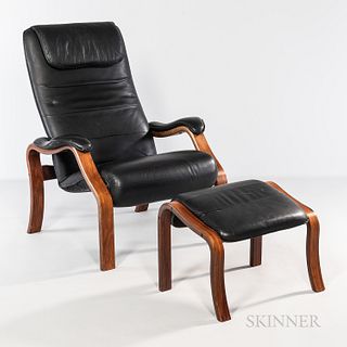 Bentwood-framed Black Leather-upholstered Chair and Ottoman.