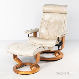 "Stressless" Chair and Ottoman in Gray Leather, (wear to upholstery).