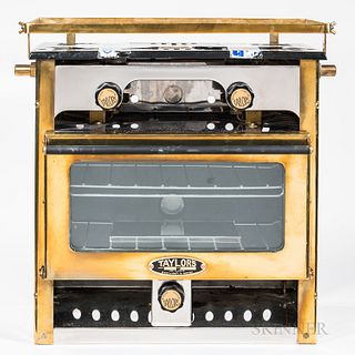 Taylor's Brass and Chromed Metal Propane Yacht Stove, with two burners and small oven below, (unused, original packing tape stuck to bu
