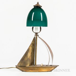 Brass Sailboat Lamp, with cased green glass shade, overall ht. 19 3/4 in.