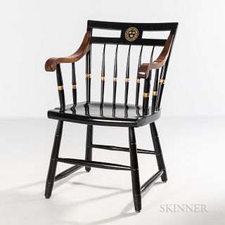 Black-painted Harvard Windsor Armchair, with central gilt crest in tablet.