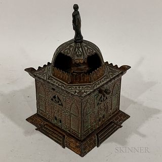 Cast Iron "Mosque" Mechanical Bank, H.L. Judd Mfg. Co., Wallingford, Connecticut, c 1885, copper with green wash, ht. with finial 9 in.