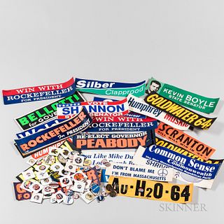 Group of Political Items, c. 1960s and 1970s, mostly campaign bumper stickers and buttons.