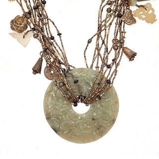 Jade, Serpentine, Glass, Silver, Gilt Metal Necklace