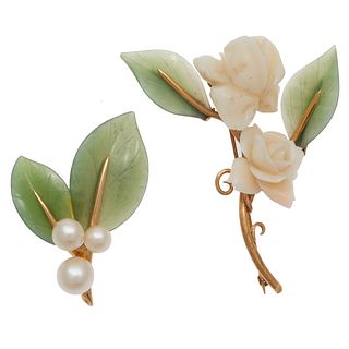 Collection of Two Gump's Nephrite, 14k Yellow Gold Pins