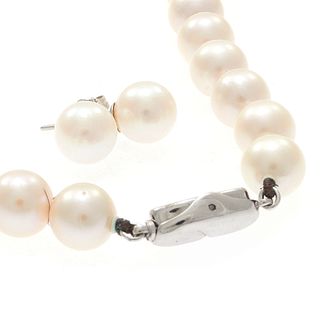 Cultured Pearl Necklace and Pair of Earrings