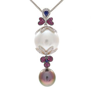 South Sea Pearl, Diamond, Sapphire, 18k Necklace