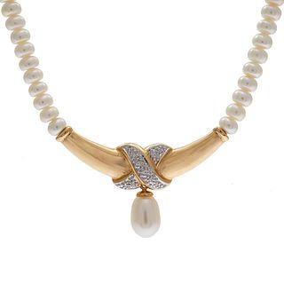 Diamond, Fresh Water Cultured Pearl, 14k Necklace