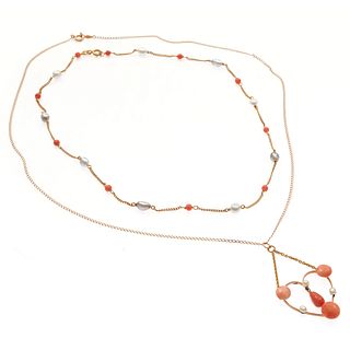 Two Coral, Cultured Pearl, Yellow Gold Necklaces