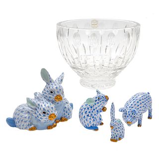 Four Herend Animal Figures and a Godinger Crystal Bowl