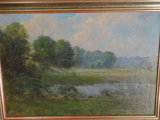 OLD OIL PAINTING SUMMER LANDSCAPE BY JD HULISTON 