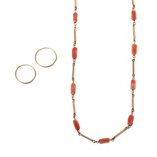 A 14K Pair of Hoops & 10K Coral Link Chain