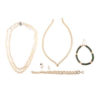 A Collection of Pearl & Nephrite Jewelry in Gold