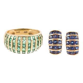 A Wide Emerald Band with Sapphire Earrings in 14K