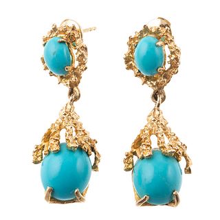 A Pair of Turquoise Drop Earrings in Brutalist 14K