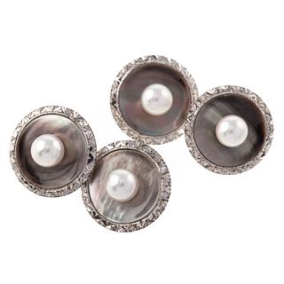 A Pair of Mikimoto Pearl Cufflinks in Silver