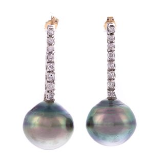 A Pair of Tahitian Pearl & Diamond Earrings in 14K