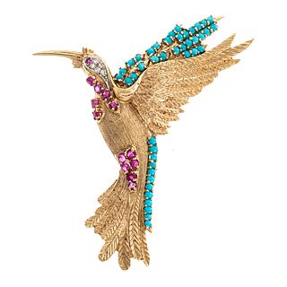 A Turquoise, Ruby & Diamond Hummingbird Pin in 14K