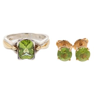 A Pair of Peridot Stud Earrings with Ring in 14K