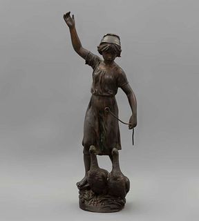 CHARLES GEORGES FERVILLE-SUAN La gardienne d’oies Firmada Elaborada en bronce patinado 45 x 20 x 14 cm