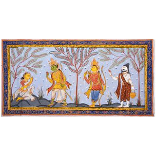 ANÓNIMO Escena mitológica hindú Tinta a base de pigmentos naturales sobre tela Sin enmarcar 42 x 83 cm