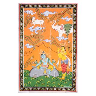 ORISSA NARAYAN HARICHANDAN Vishnú resctando a Gajendra Firmado al frente Tinta a base de pigmentos naturales sobre tela Sin enmarcar