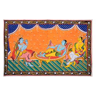 N. HARICHANDAN Rama, Arjuna y Subhadra Firmada al frente Tinta a base de pigmentos naturales sobre tela Sin enmarcar 77 x 50 cm