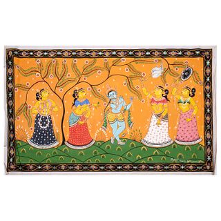ORISSA NARAYAN HARTCHANDAN Krishna con las Gopis Firmado al frente Tinta a base de pigmentos naturales sobre tela Sin enmarcar